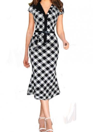 Rosewe Cap Sleeve Button Closure Plaid Print Dress