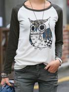 Shein Grey Long Sleeve Owl Print T-shirt