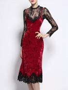 Shein Red Velvet Sheer Lace Sheath Dress