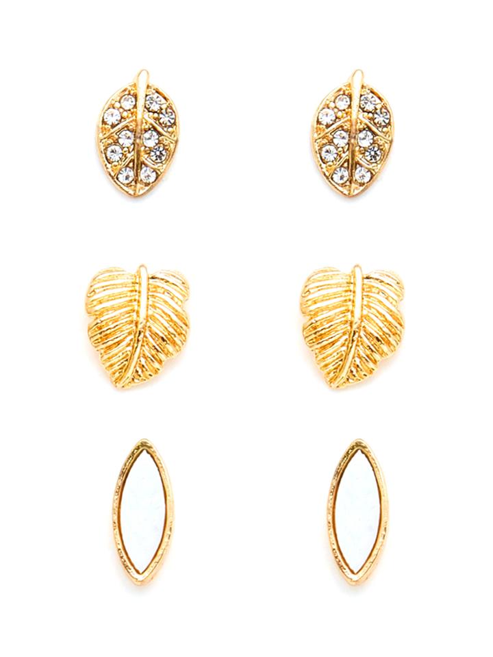 Shein Leaf Design Earring Set With Rhinestone