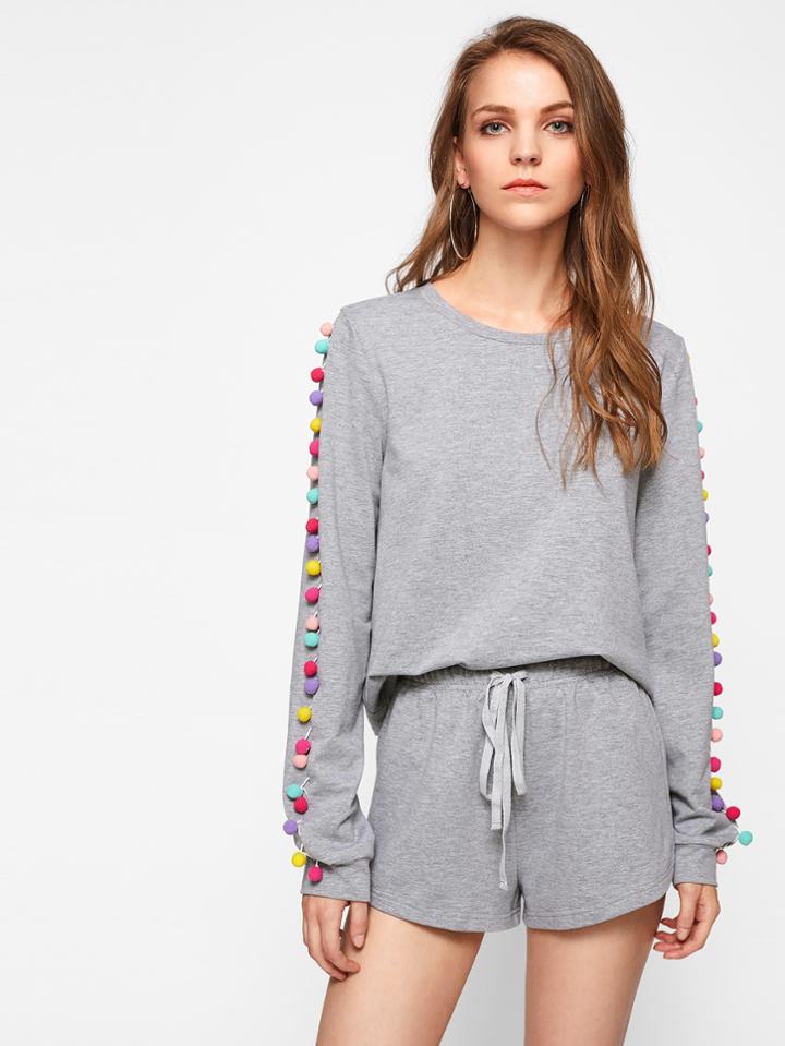 Shein Colorful Pom Pom Sleeve Heathered Sweatshirt And Shorts Set