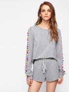 Shein Colorful Pom Pom Sleeve Heathered Sweatshirt And Shorts Set
