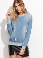 Shein Blue Ripped Denim Zip Side Sweatshirt