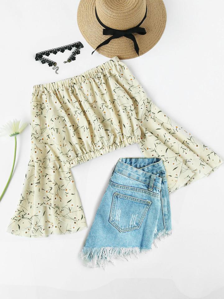 Shein Bardot Flute Sleeve Ditsy Print Random Crop Top