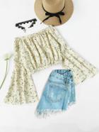 Shein Bardot Flute Sleeve Ditsy Print Random Crop Top