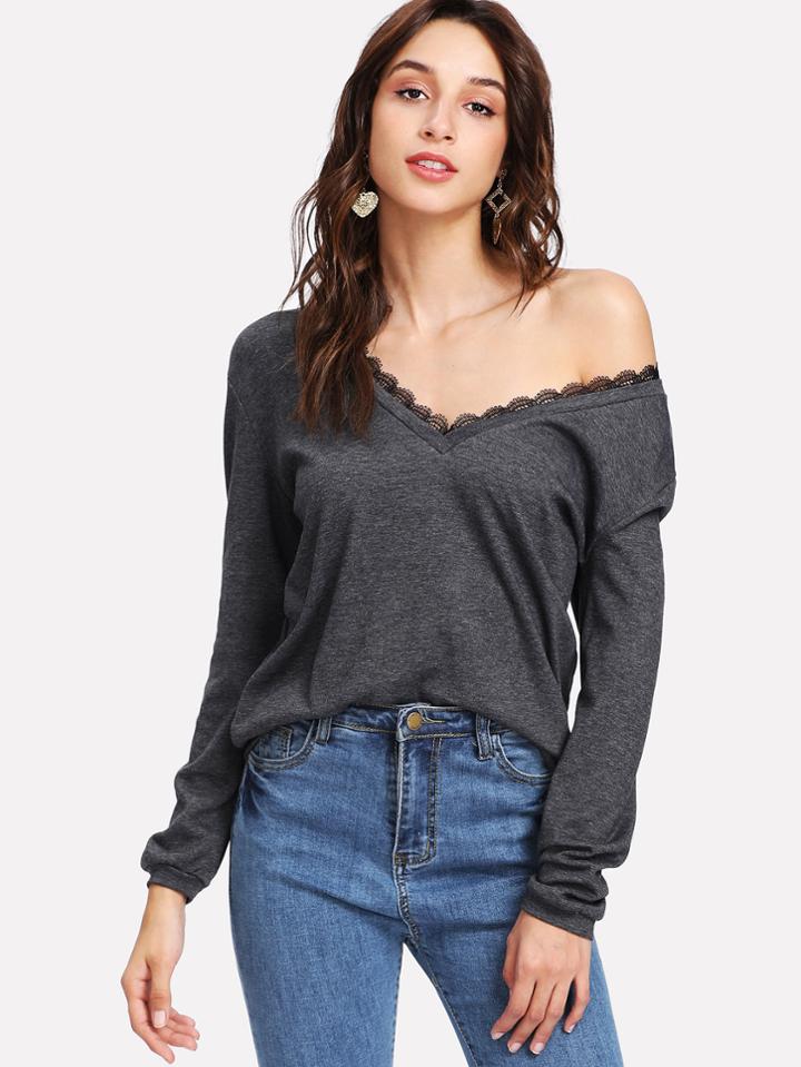 Shein Lace V Neck Sweatshirt
