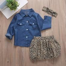 Shein Toddler Girls Denim Blouse & Leopard Print Skirt & Headband