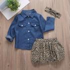 Shein Toddler Girls Denim Blouse & Leopard Print Skirt & Headband