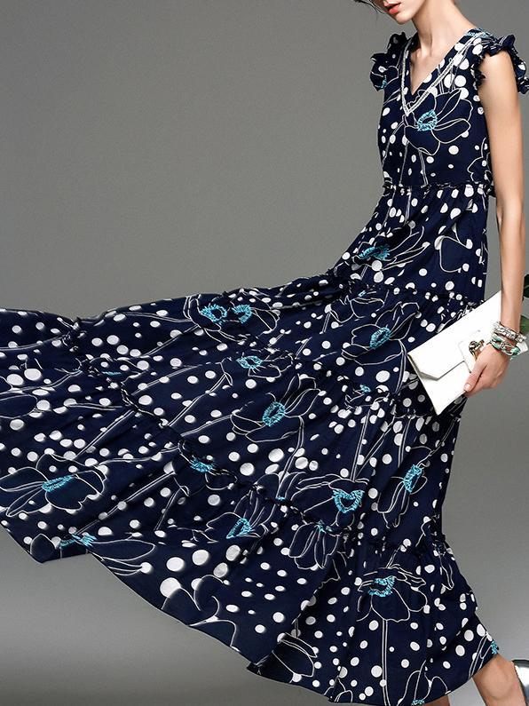 Shein Black V Neck Ruffle Sleeve Print Dress