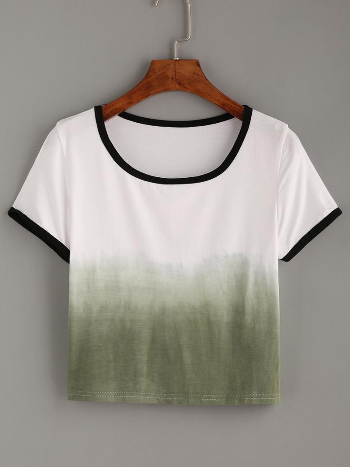 Shein Green Ombre Contrast Trim T-shirt