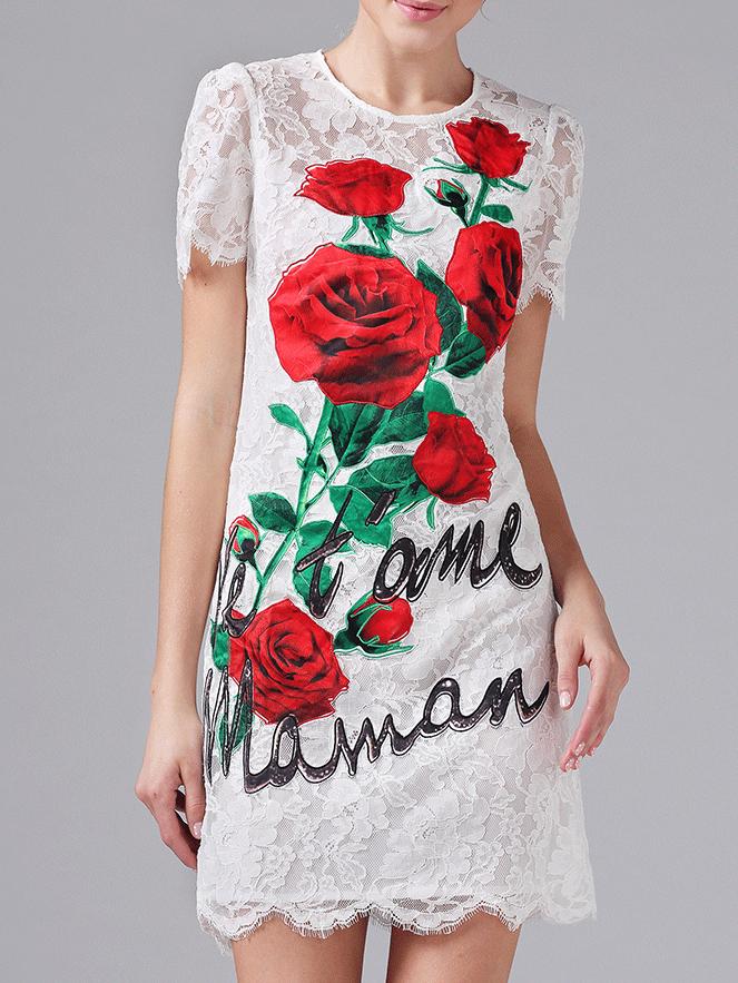 Shein White Applique Pouf Lace Dress
