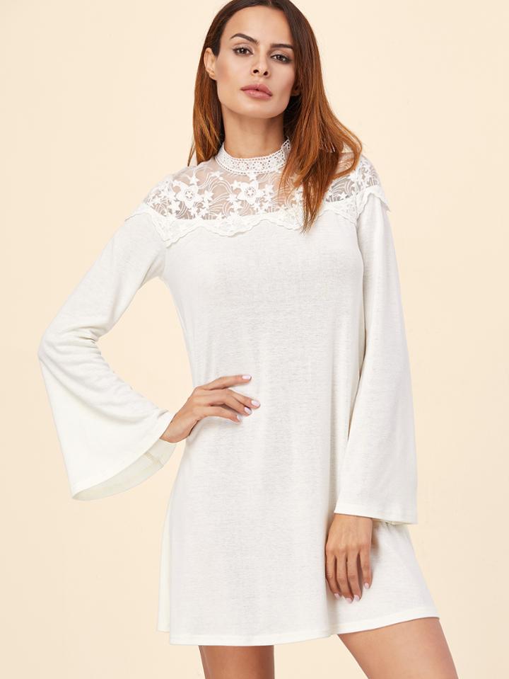 Shein White Embroidered Mesh Yoke Bell Sleeve A Line Dress