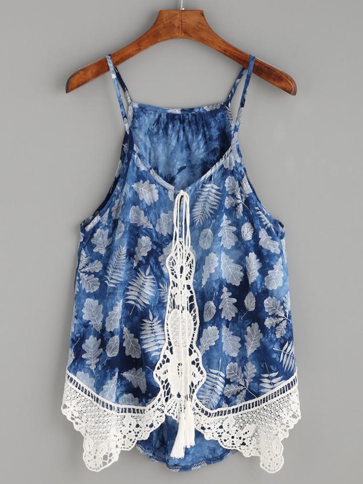 Shein Blue Crochet Trim Leaf Print Cami Top