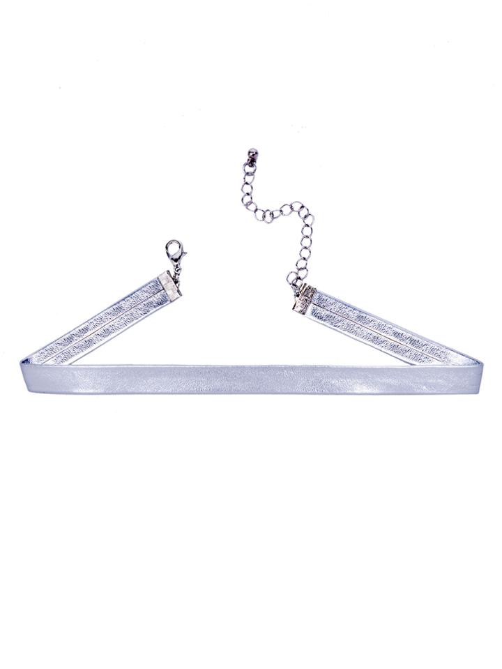 Shein Silver Shiny Pu Leather Thin Choker Necklace