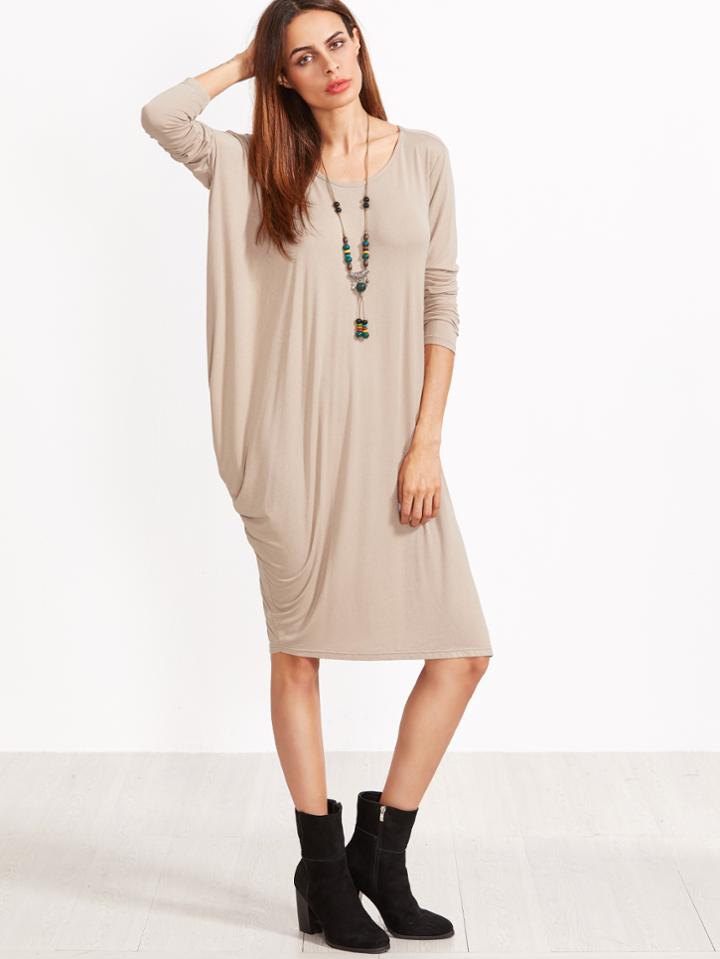 Shein Khaki Scoop Neck Drape Side Tee Dress