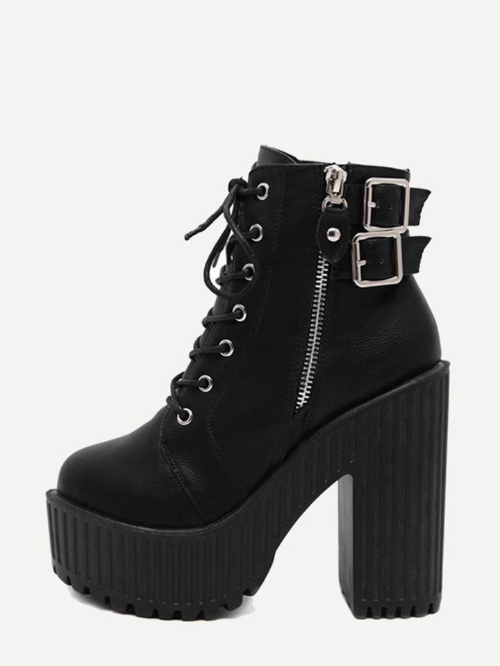Shein Black Faux Leather Buckle Strap Platform Boots