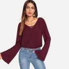 Shein Bell Sleeve Lace V Neck Blouse