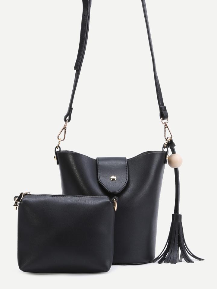 Shein Black Pu Tassel Trim Convertible Shoulder Bag Set
