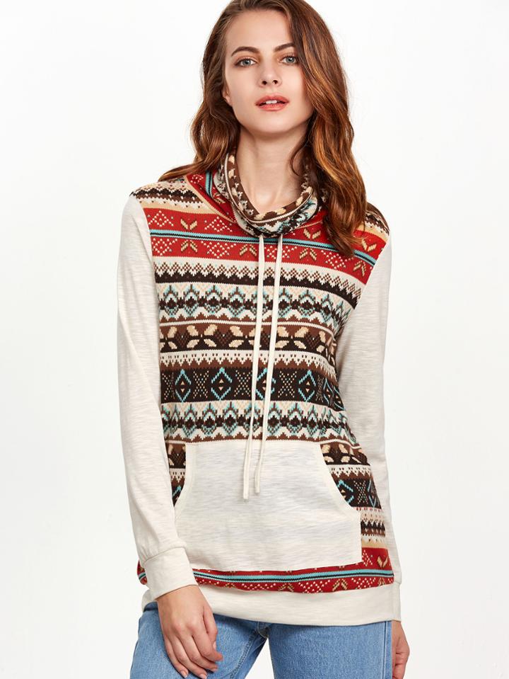 Shein Multicolor Tribal Print Drawstring Cowl Neck Sweatshirt