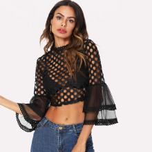 Shein Mock Neck Flounce Sleeve Cut Out Sheer Crop Top