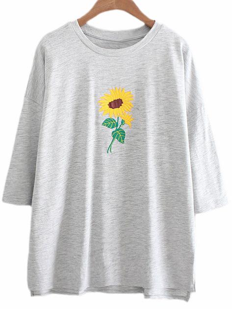 Shein Grey Dip Hem Sunflower Embroidery T-shirt