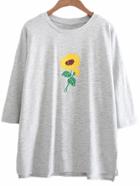 Shein Grey Dip Hem Sunflower Embroidery T-shirt