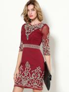 Shein Red Round Neck Half Sleeve Contrast Gauze Embroidered Dress