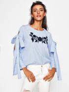 Shein Bow Tie Sleeve Embroidery Pinstriped Blouse