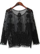 Shein Black Round Neck Hollow Lace Blouse