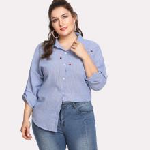 Shein Plus Heart Embroidery Pinstripe Dolphin Hem Shirt