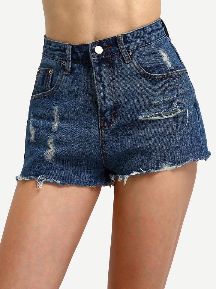 Shein Blue High Waist Ripped Denim Short