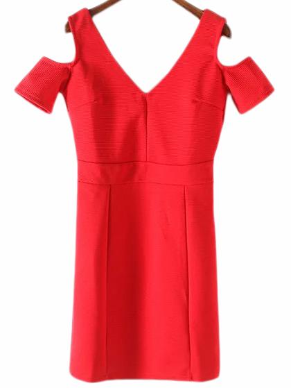 Shein Red V Neck Zipper Back Cold Shoulder Dress