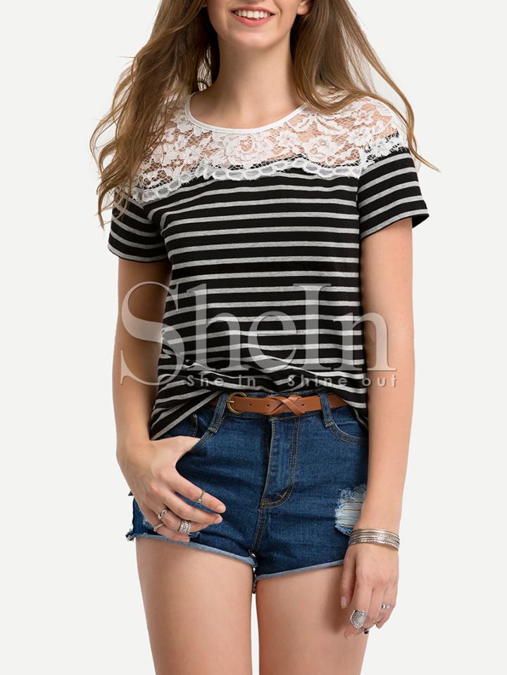 Shein Black White Stripe Lace Yoke T-shirt