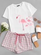 Shein Flamingo Print Cami & Plaid Shorts Pj Set