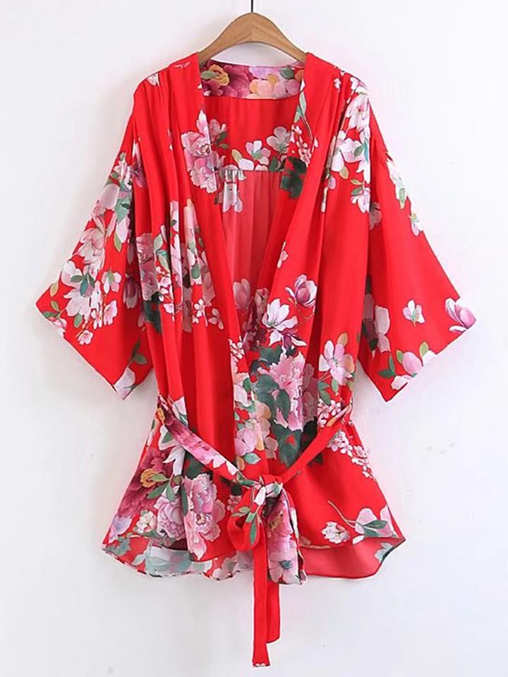 Shein Floral Print Tie Waist Top