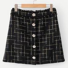 Shein Raw Trim Rhinestone Button Plaid Skirt