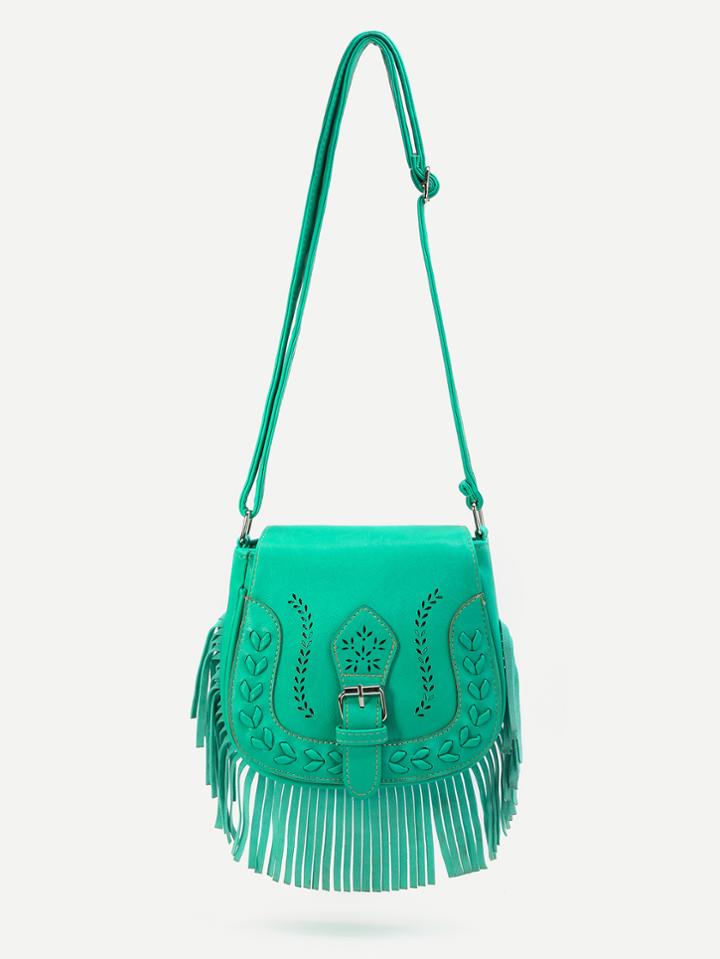 Shein Jade Blue Fringe Hem Buckle Pu Shoulder Bag