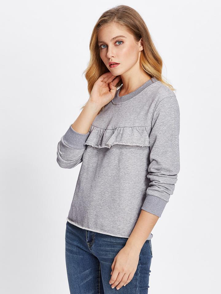 Shein Raw Cut Hem Flounce Detail Sweatshirt