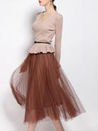Shein Khaki V Neck Knit Belted Top With Gauze Skirt