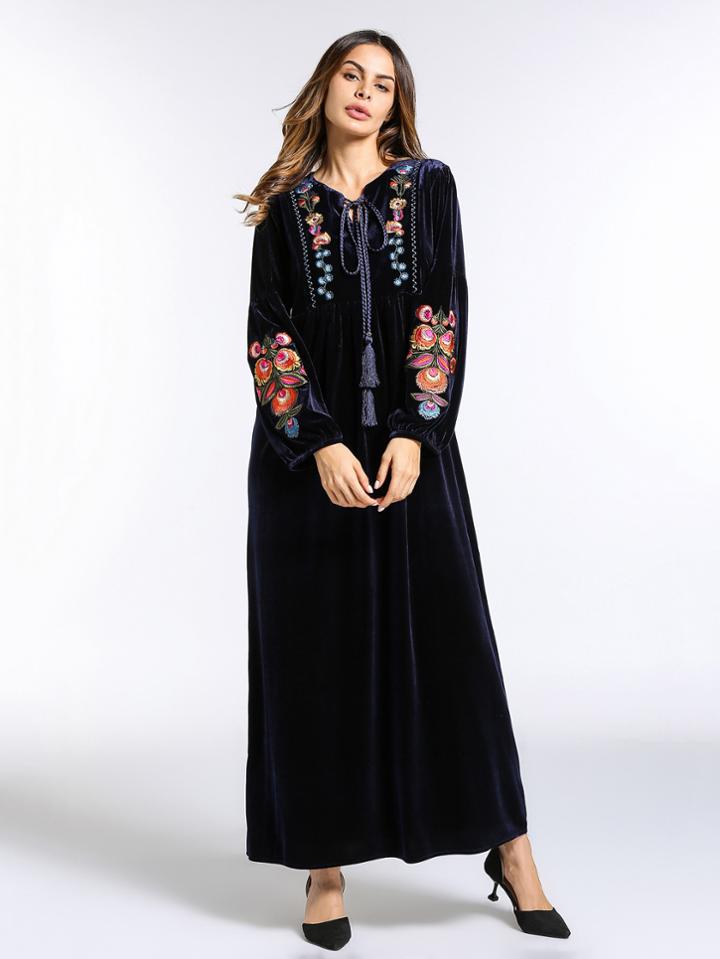 Shein Tassel Tie Neck Embroidery Velvet Dress