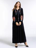 Shein Tassel Tie Neck Embroidery Velvet Dress