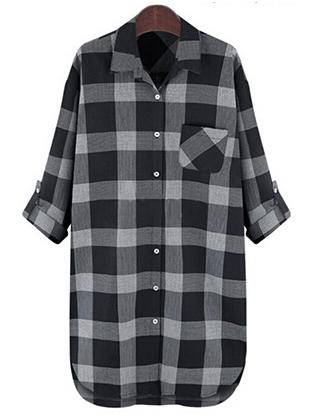 Shein Black Grey Lapel Plaid Pocket Plus Blouse