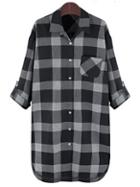 Shein Black Grey Lapel Plaid Pocket Plus Blouse