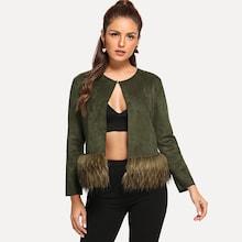Shein Open Front Faux Fur Hem Suede Coat