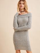 Shein Grey Off The Shoulder Fold Over Ribbed Knit Pencil Dress