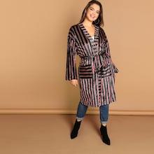 Shein Plus Pocket Front Striped Velvet Coat With Belt