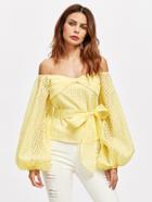 Shein Bow Off Shoulder Lantern Sleeve Belted Checkered Mesh Top