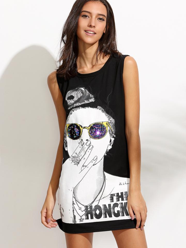 Shein Black Print Split Side Tank Dress