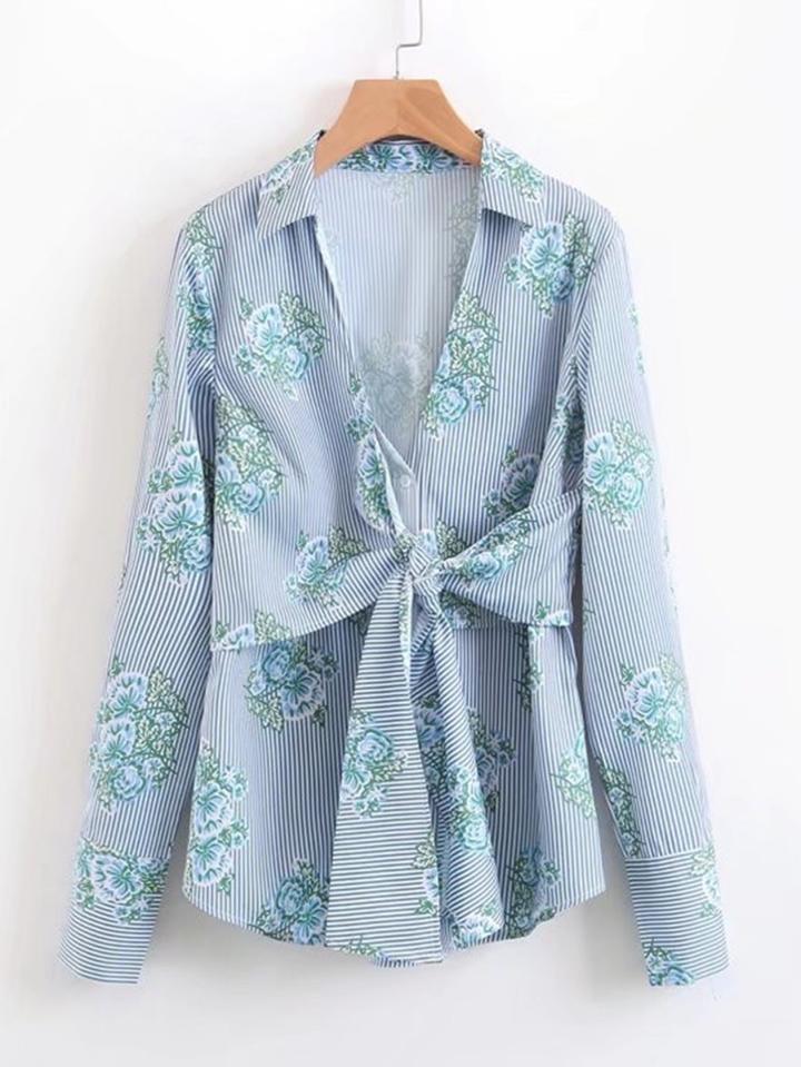 Shein Flower Print Knot Striped Blouse