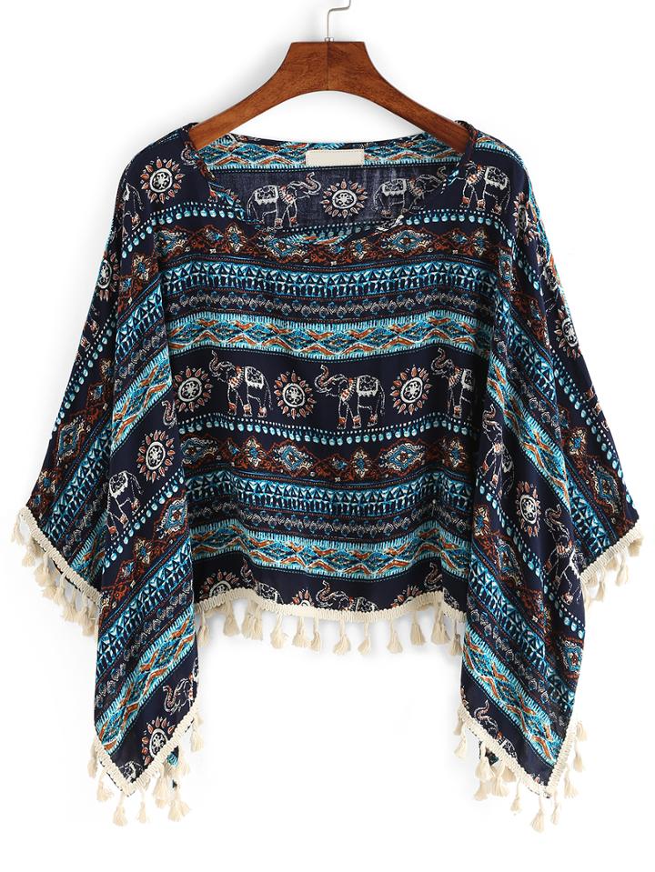 Shein Aztec Print Fringe Blue Shirt